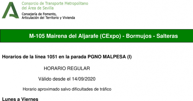 Tabla de horarios y frecuencias de paso en sentido vuelta Línea M-105: Mairena del Aljarafe - Salteras