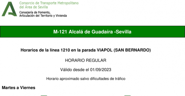 Tabla de horarios y frecuencias de paso en sentido vuelta Línea M-121: Sevilla - Alcalá de Guadaira (recorrido 1)