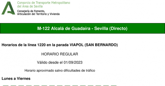 Tabla de horarios y frecuencias de paso en sentido vuelta Línea M-122: Sevilla - Alcalá de Guadaira