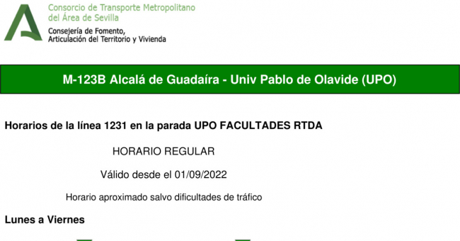 Tabla de horarios y frecuencias de paso en sentido vuelta Línea M-123: Sevilla - Alcalá de Guadaira - Universidad Pablo de Olavide (UPO) (recorrido 2)
