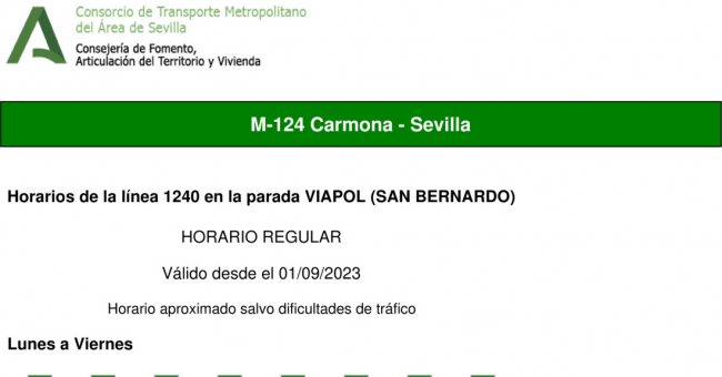 Tabla de horarios y frecuencias de paso en sentido vuelta Línea M-124: Sevilla - Carmona (recorrido 1)