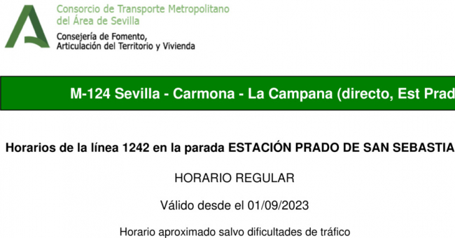 Tabla de horarios y frecuencias de paso en sentido vuelta Línea M-124: Sevilla - Carmona (recorrido 3)