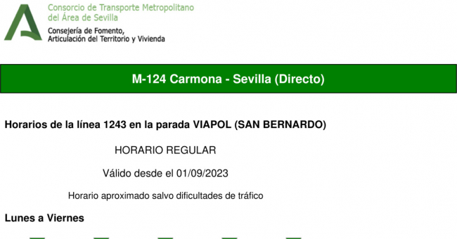 Tabla de horarios y frecuencias de paso en sentido vuelta Línea M-124: Sevilla - Carmona (recorrido 4)