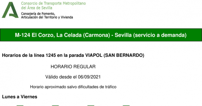 Tabla de horarios y frecuencias de paso en sentido vuelta Línea M-124: Sevilla - Carmona (recorrido 6)