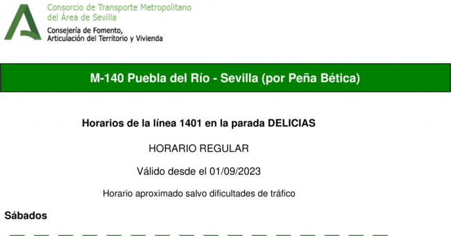 Tabla de horarios y frecuencias de paso en sentido vuelta Línea M-140: Sevilla - Puebla del Río