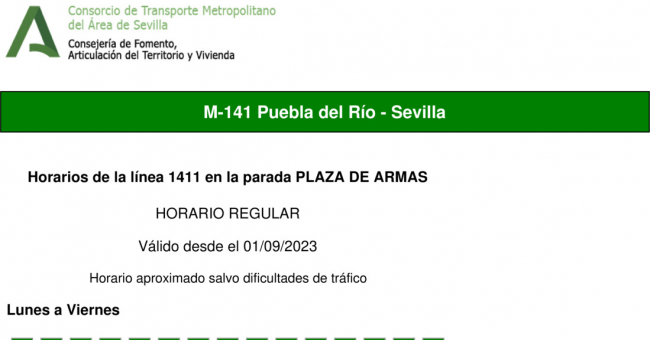 Tabla de horarios y frecuencias de paso en sentido vuelta Línea M-141: Sevilla - Puebla del Río
