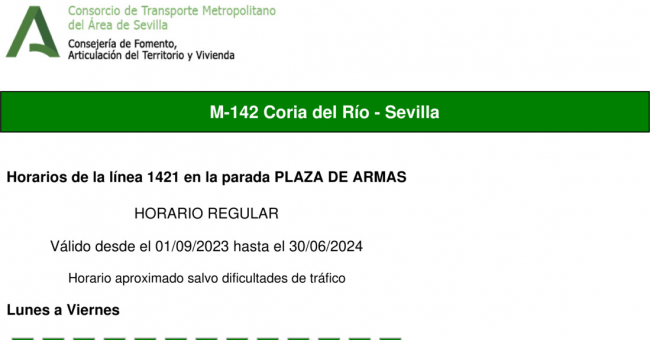 Tabla de horarios y frecuencias de paso en sentido vuelta Línea M-142: Sevilla - Coria del Río (recorrido 1)