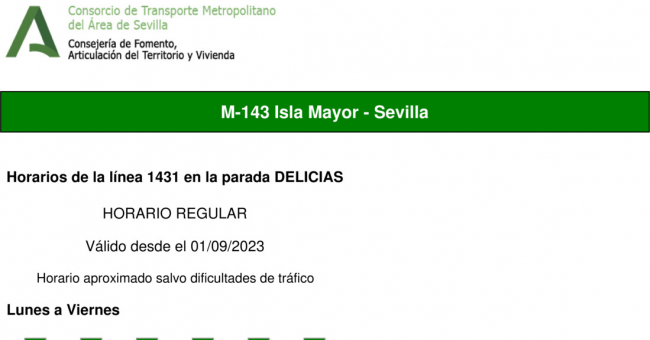 Tabla de horarios y frecuencias de paso en sentido vuelta Línea M-143: Sevilla - Isla Mayor (recorrido 1)