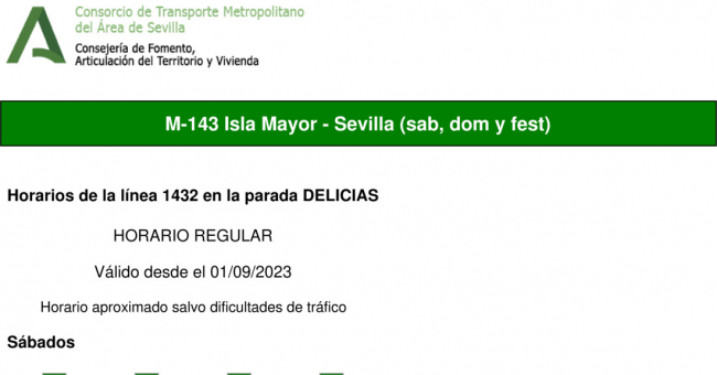 Tabla de horarios y frecuencias de paso en sentido vuelta Línea M-143: Sevilla - Isla Mayor (recorrido 2)