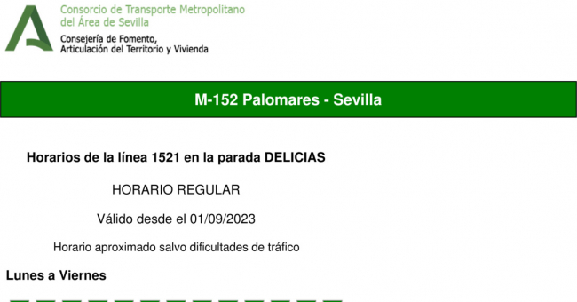 Tabla de horarios y frecuencias de paso en sentido vuelta Línea M-152: Sevilla - Palomares (recorrido 1)