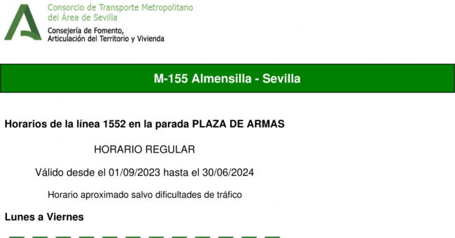 Tabla de horarios y frecuencias de paso en sentido vuelta Línea M-155: Sevilla - Almensilla
