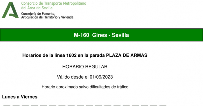 Tabla de horarios y frecuencias de paso en sentido vuelta Línea M-160: Sevilla - Gines