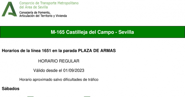 Tabla de horarios y frecuencias de paso en sentido vuelta Línea M-165: Sevilla - Castilleja del Campo