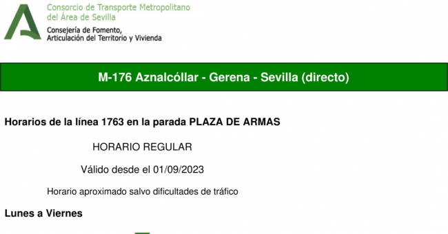Tabla de horarios y frecuencias de paso en sentido vuelta Línea M-176: Sevilla - Aznalcóllar (recorrido 4)