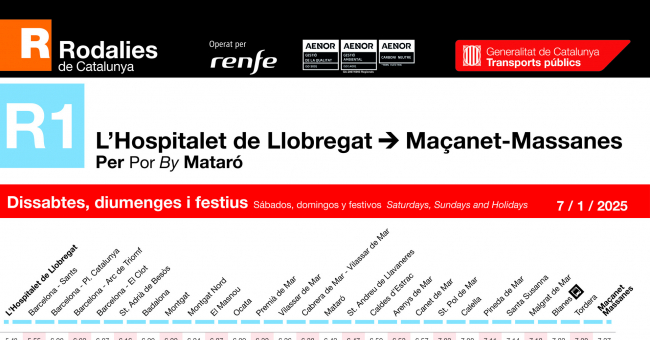 Tabla de horarios y frecuencias de paso en sentido ida los días festivos Línea R1: Molins de Rei - Maçanet - Massanes