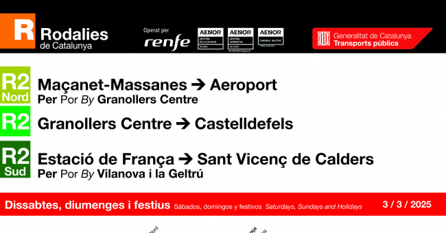 Tabla de horarios y frecuencias de paso en sentido ida los días festivos Línea R2 Sur: St. Vicenç de Calders - Barcelona - Estació de França