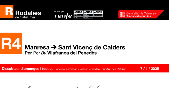 Tabla de horarios y frecuencias de paso en sentido ida los días festivos Línea R4: St. Vicenç de Calders - Manresa
