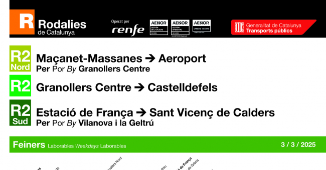 Tabla de horarios y frecuencias de paso en sentido ida los días laborables Línea R2 Norte: Aeroport - Maçanet - Massanes