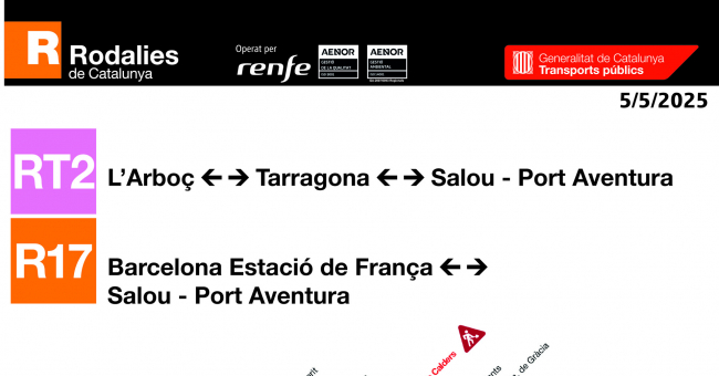 Tabla de horarios y frecuencias de paso en sentido ida los días laborables Línea R2 Sur: St. Vicenç de Calders - Barcelona - Estació de França