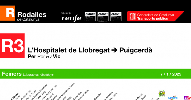 Tabla de horarios y frecuencias de paso en sentido ida Línea R3: L'Hospitalet de Llobregat - Puigcerdà