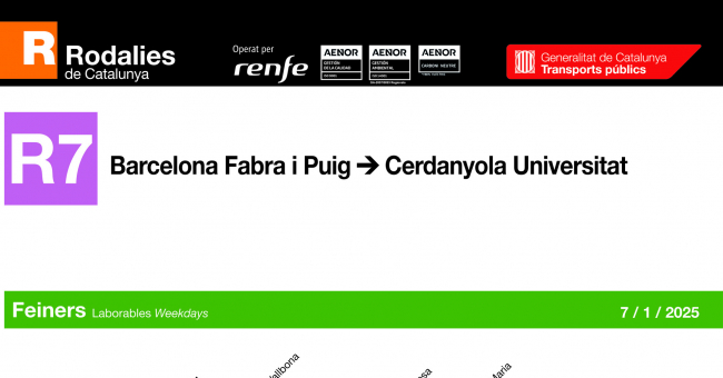 Tabla de horarios y frecuencias de paso en sentido ida Línea R7: Barcelona - St. Andreu Arenal - Cerdanyola Universitat