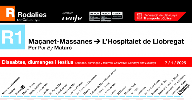Tabla de horarios y frecuencias de paso en sentido vuelta los días festivos Línea R1: Molins de Rei - Maçanet - Massanes