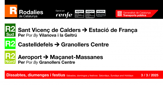 Tabla de horarios y frecuencias de paso en sentido vuelta los días festivos Línea R2 Norte: Aeroport - Maçanet - Massanes