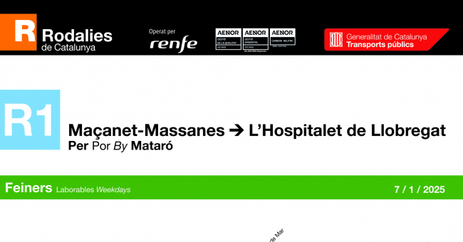 Tabla de horarios y frecuencias de paso en sentido vuelta los días laborables Línea R1: Molins de Rei - Maçanet - Massanes