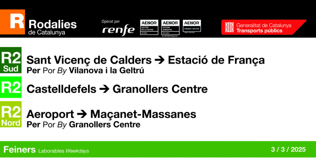 Tabla de horarios y frecuencias de paso en sentido vuelta los días laborables Línea R2 Norte: Aeroport - Maçanet - Massanes