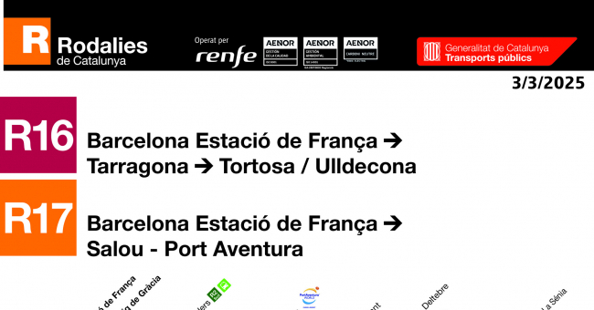 Tabla de horarios y frecuencias de paso en sentido vuelta los días laborables Línea R2 Sur: St. Vicenç de Calders - Barcelona - Estació de França