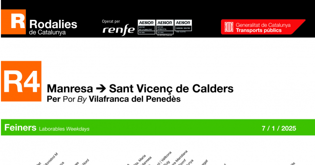 Tabla de horarios y frecuencias de paso en sentido vuelta los días laborables Línea R4: St. Vicenç de Calders - Manresa