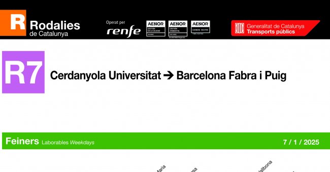 Tabla de horarios y frecuencias de paso en sentido vuelta Línea R7: Barcelona - St. Andreu Arenal - Cerdanyola Universitat