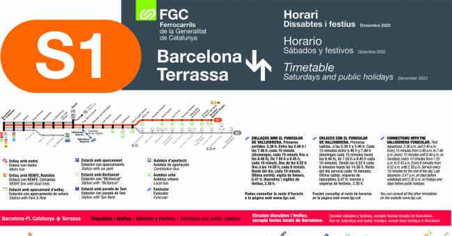 Tabla de horarios y frecuencias de paso los días festivos Línea S1: Barcelona - Plaça Catalunya - Terrassa