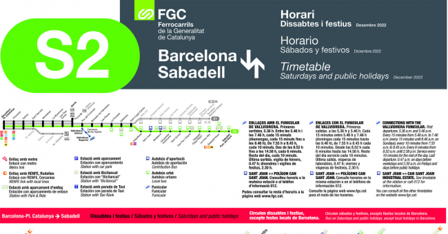 Tabla de horarios y frecuencias de paso los días festivos Línea S2: Barcelona - Plaça Catalunya - Sabadell