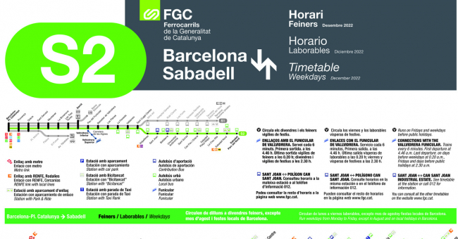 Tabla de horarios y frecuencias de paso en sentido ida los días laborables Línea S2: Barcelona - Plaça Catalunya - Sabadell