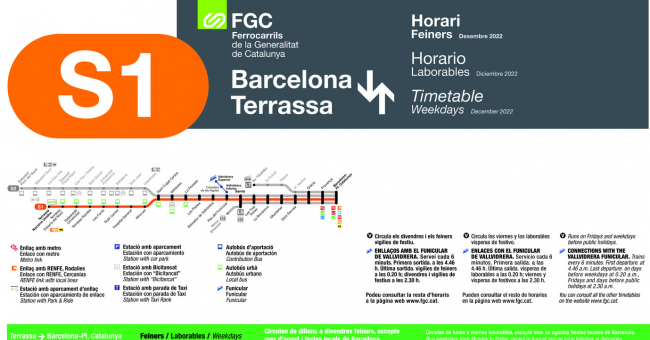 Tabla de horarios y frecuencias de paso en sentido vuelta los días laborables Línea S1: Barcelona - Plaça Catalunya - Terrassa