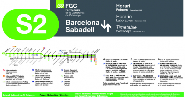 Tabla de horarios y frecuencias de paso en sentido vuelta los días laborables Línea S2: Barcelona - Plaça Catalunya - Sabadell