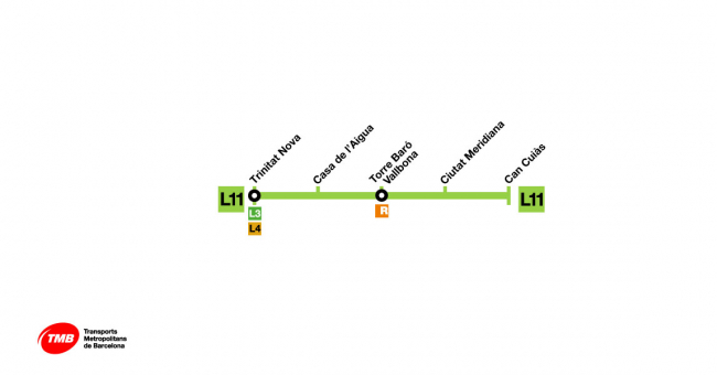 Recorrido esquemático, paradas y correspondencias Línea L11: Trinitat Nova - Can Cuiàs