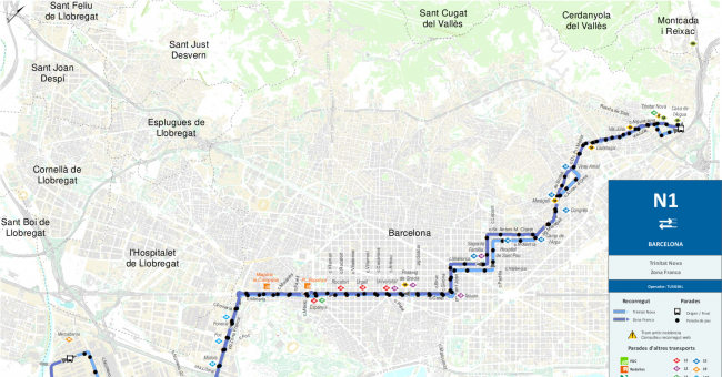 Recorrido esquemático, paradas y correspondencias Línea N1: Zona Franca - Plaça Catalunya - Trinitat Nova