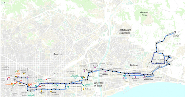 Recorrido esquemático, paradas y correspondencias Línea N11: Barcelona (Plaça Catalunya) - Badalona (Hospital Can Ruti)