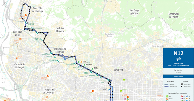 Recorrido esquemático, paradas y correspondencias Línea N12: Barcelona (Plaça Portal de la Pau - Plaça Catalunya) - Sant Feliu de Llobregat (La Salut)