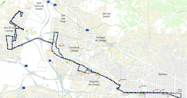 Recorrido esquemático, paradas y correspondencias Línea N13: Barcelona (Plaça Catalunya) - Sant Boi de Llobregat (Ciutat Cooperativa)