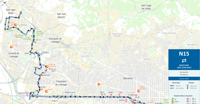 Recorrido esquemático, paradas y correspondencias Línea N15: Barcelona (Plaça Portal de la Pau - Plaça Catalunya) - Sant Joan Despí (Torreblanca)