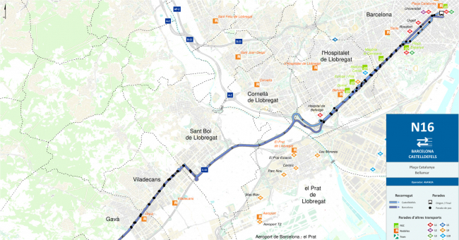 Recorrido esquemático, paradas y correspondencias Línea N16: Barcelona (Plaça Catalunya) - Castelldefels (Bellamar)