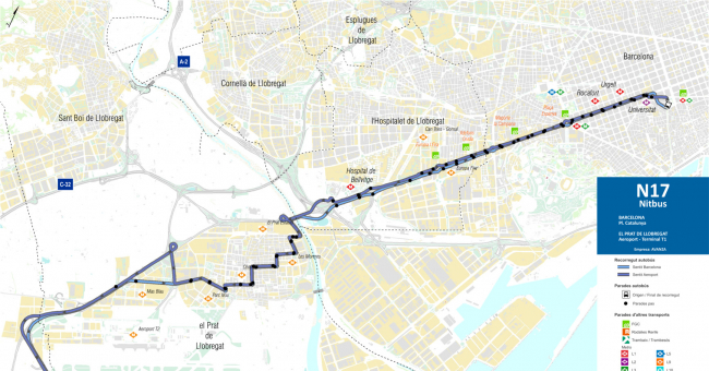 Recorrido esquemático, paradas y correspondencias Línea N17: Barcelona (Plaça Catalunya) - El Prat de Llobregat (Aeroport T1)