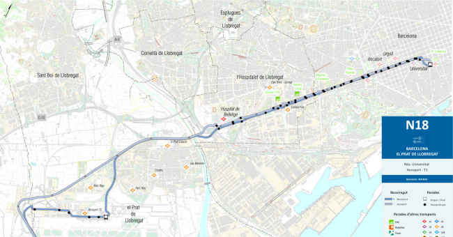 Recorrido esquemático, paradas y correspondencias Línea N18: Barcelona (Plaça Catalunya) - Aeroport del Prat (Terminals T1 T2)