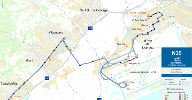 Recorrido esquemático, paradas y correspondencias Línea N19: Castelldefels (Paseig Pitort) - El Prat de Llobregat (Aeroport T1-T2 Rodalies)