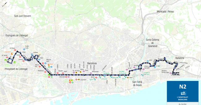 Recorrido esquemático, paradas y correspondencias Línea N2: L'Hospitalet (Avinguda Carrilet) - Barcelona (Plaça Catalunya) - Badalona (Vía Augusta)