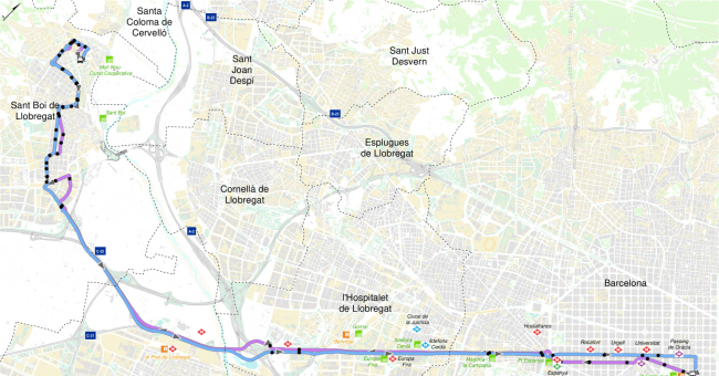 Recorrido esquemático, paradas y correspondencias Línea N20: Barcelona (Sant Pere) - Sant Boi de Llobregat (Hospital / Ciutat Cooperativa)