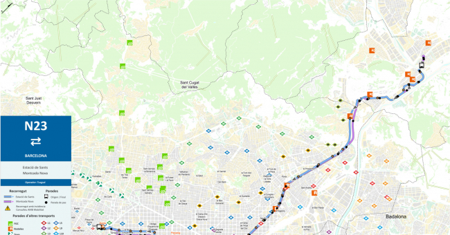 Recorrido esquemático, paradas y correspondencias Línea N23: Barcelona (Estació de Sants) - Montcada i Reixac (Montcada Nova)